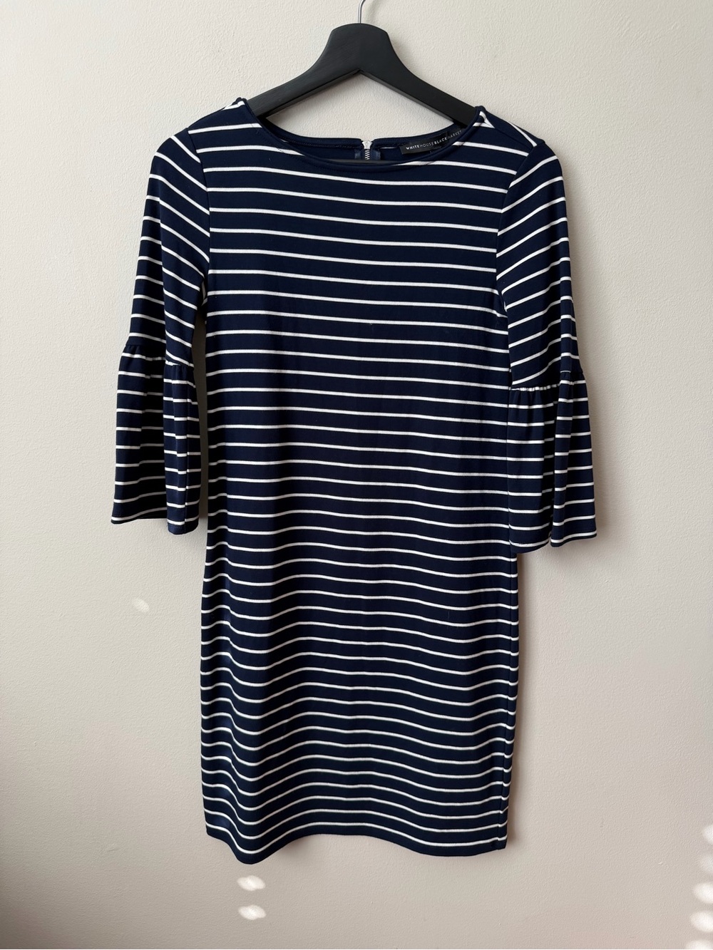 White House Black Market Striped Bell Sleeve Shift Dress Navy White XXS Nwot